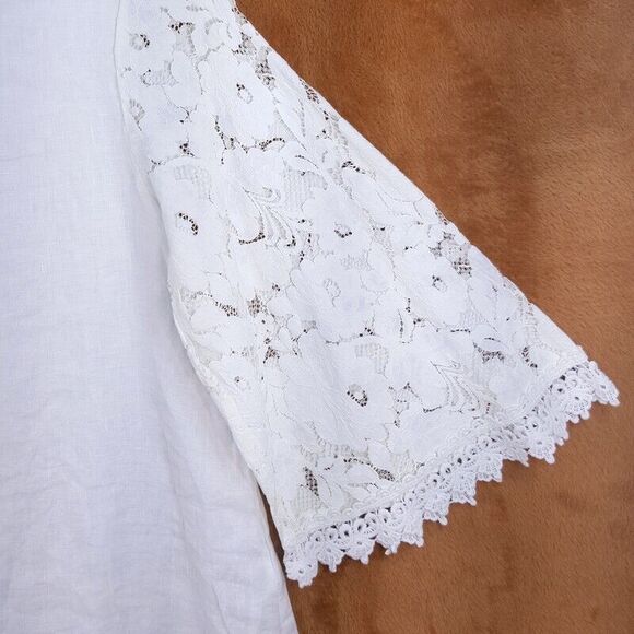 LUNGO L'ARNO Womens Top Small White Pullover Lace Crochet Wide Sleeve 100% Linen - Picture 2 of 9